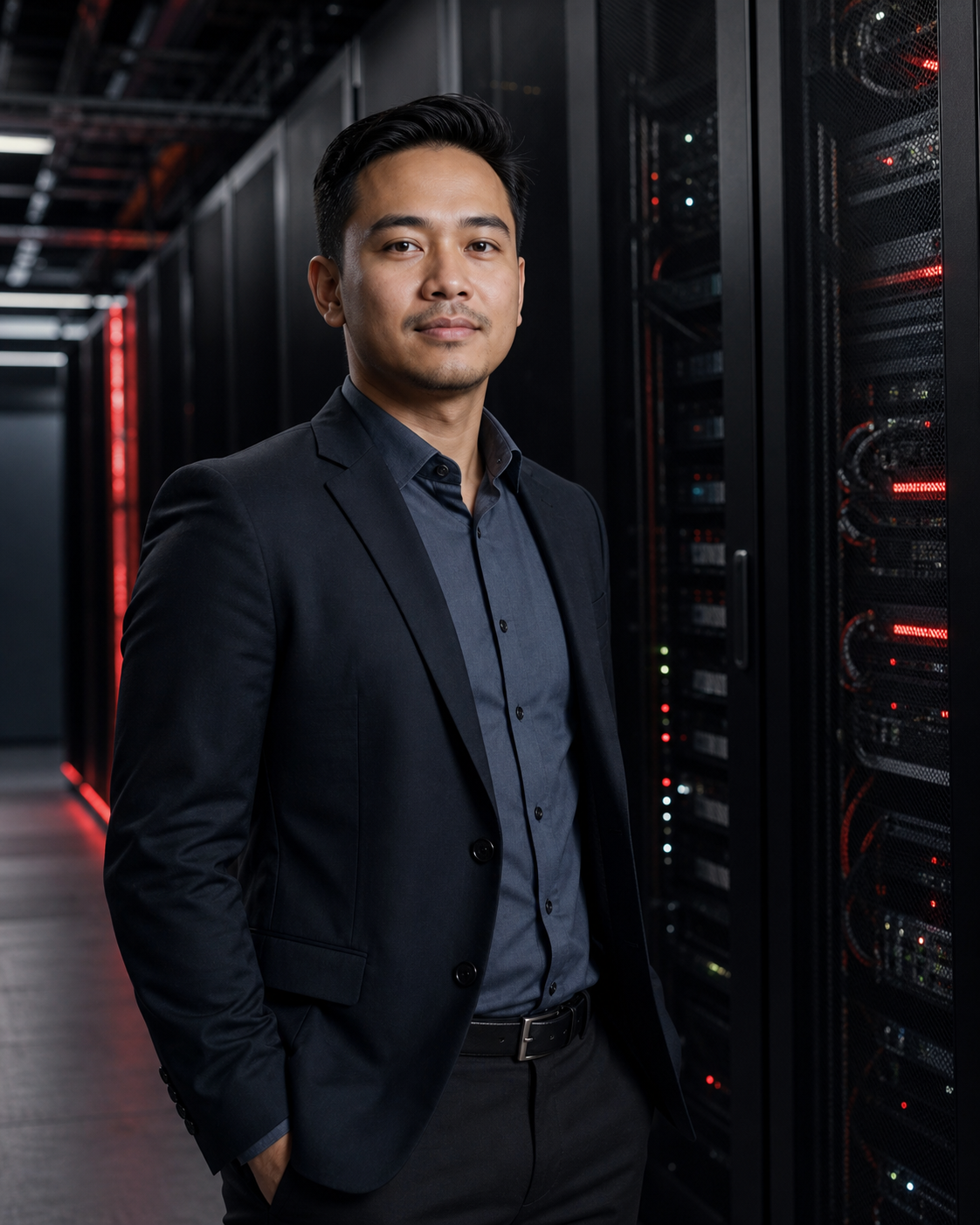 Data center operations professional standing beside server racks